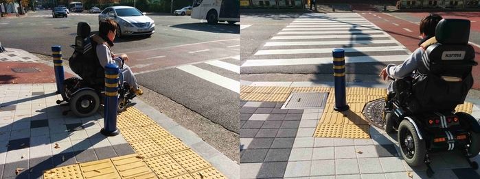 총2장의 사진 왼쪽 사진 차원기 활동가가 보도위에 서 있는 사진, 오른쪽 사진 차원기 활동가가 보도위 볼라드 앞에 서 있는 사진