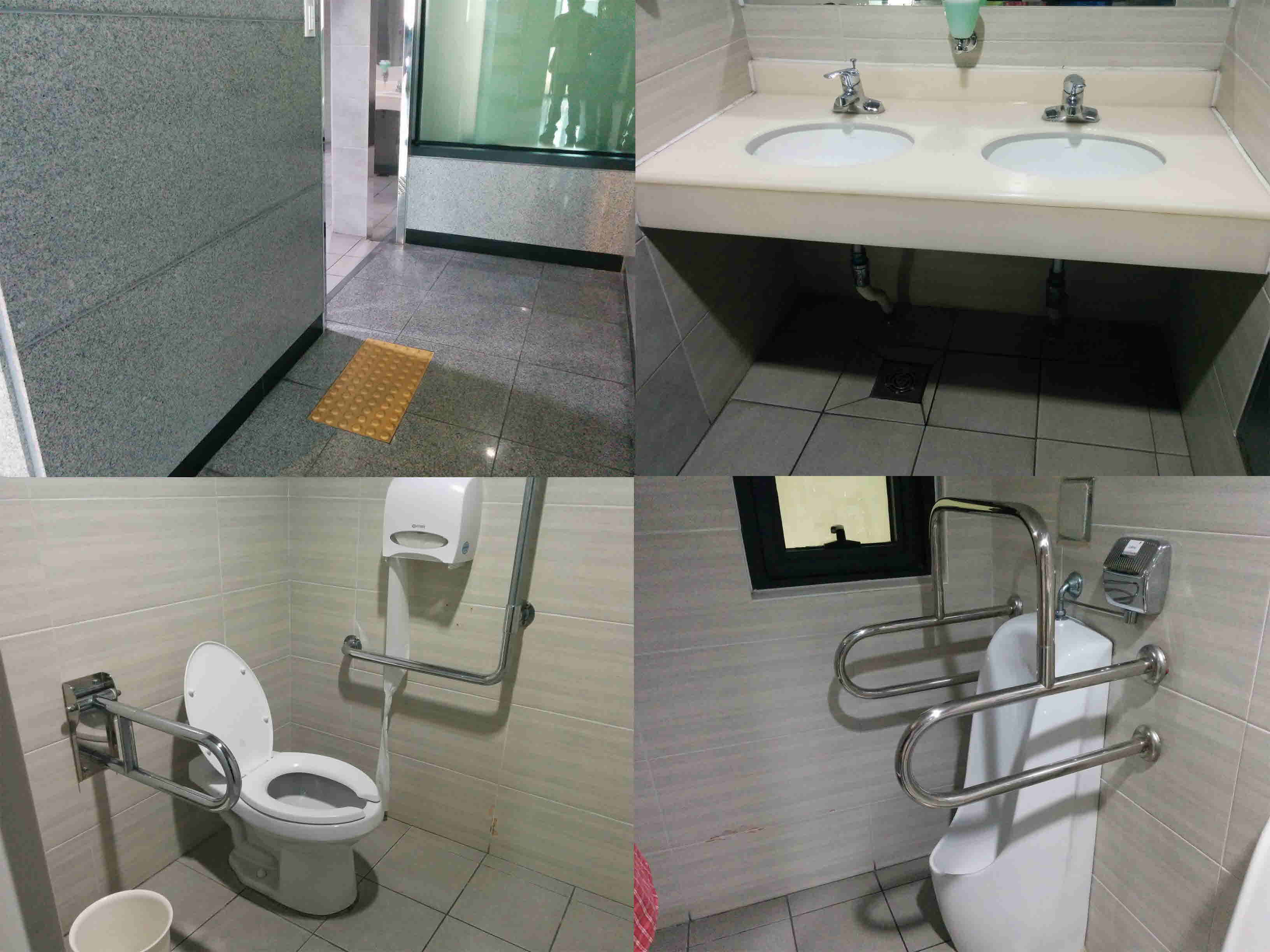총 4장의 사잔 왼쪽 상단 화장실 입구 점자블록 사진, 오른쪽 상단 세면대, 왼쪽 하단 장애인화장실 내부, 오른쪽 하단 소변기