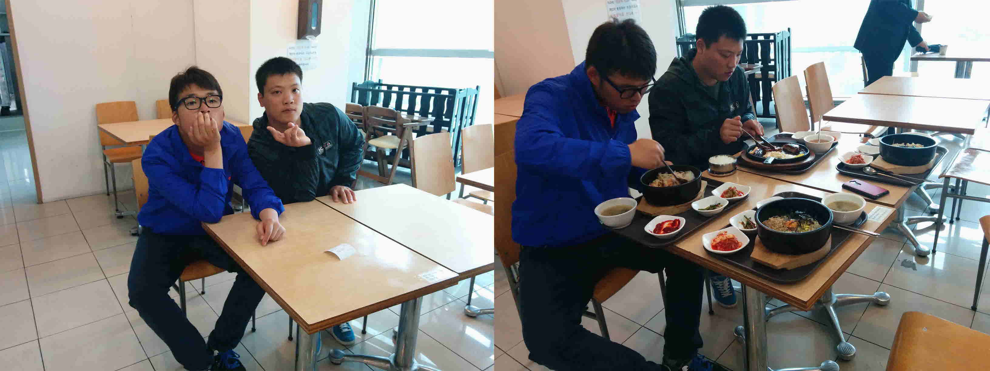 총 2장의 사진 왼쪽 사진 식탁에 앉아 있는 이상현, 박승권 오른쪽 사진 이상현, 박승권 식사하는 모습