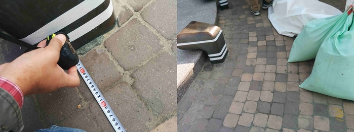 총 2장의 사진 왼쪽 사진 바닥의 줄자가 75cm 가르키고 있는 사진, 오른쪽 사진 모래주머니로 인해 보도가 좁은 사진