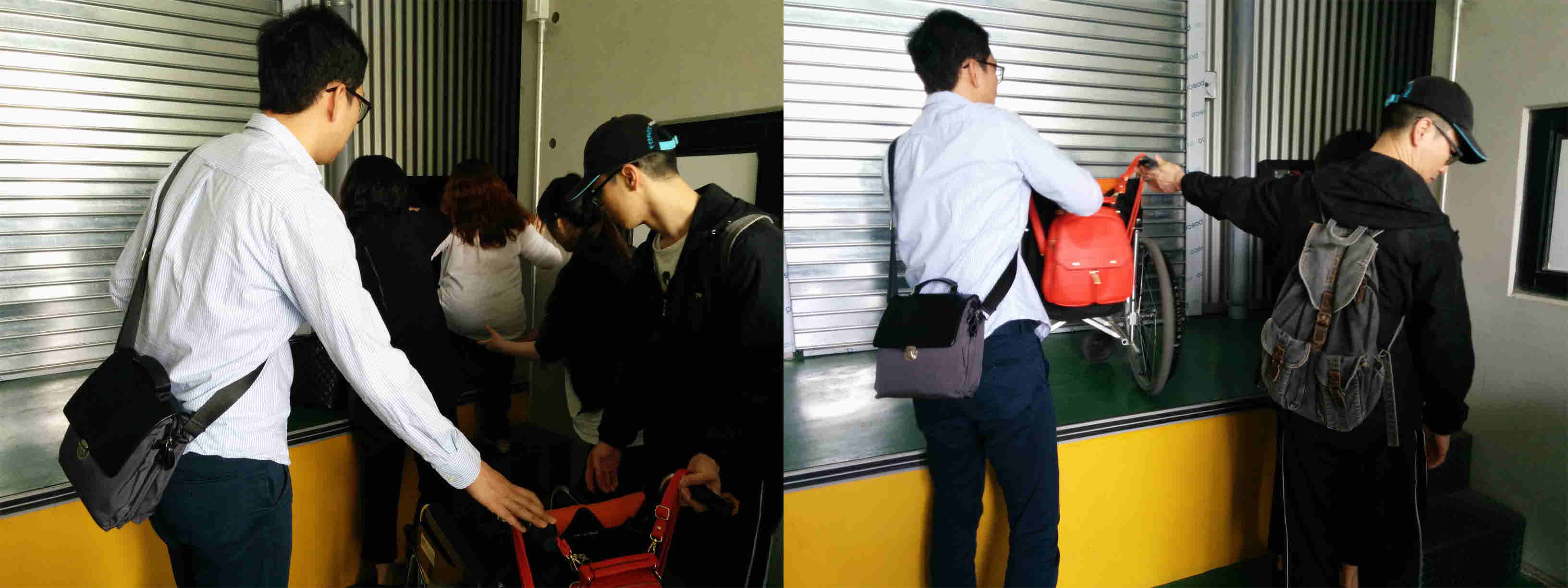 총 2장의 사진 왼쪽 사진 김윤정 회원이 부축 받으며 계단을 오르는 사진, 오른쪽 사진 휠체어를 올리는 사진