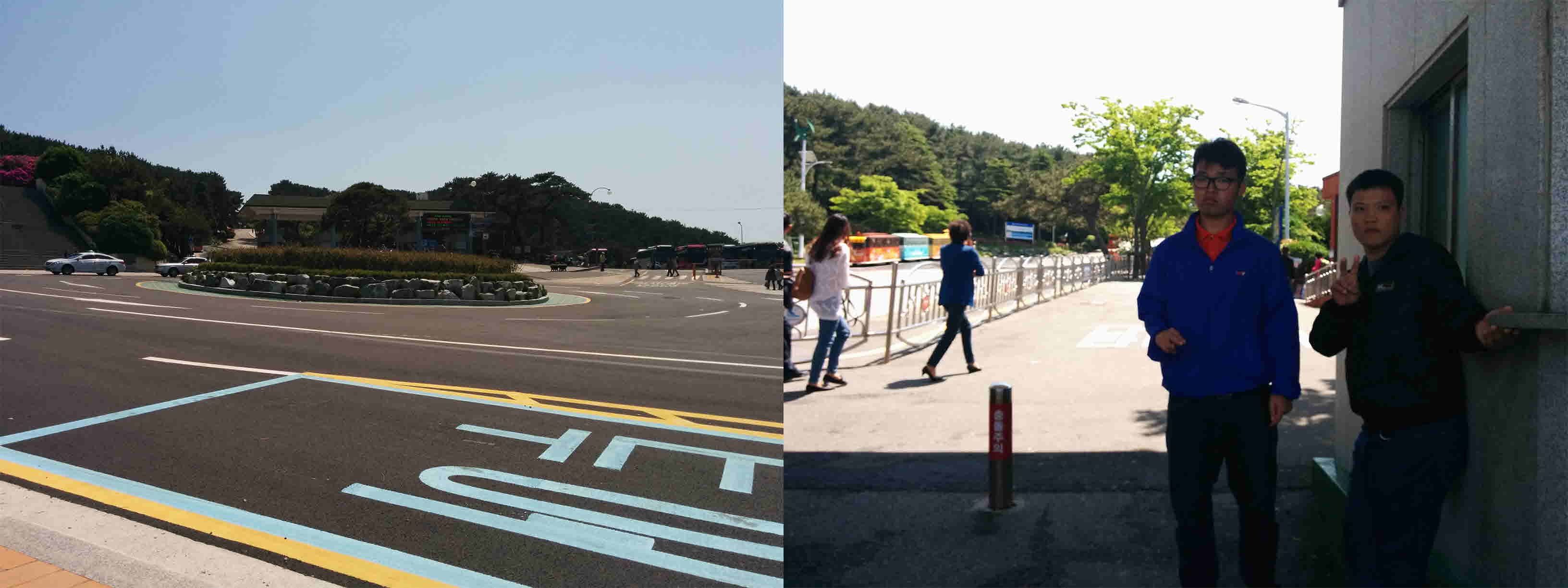 총 2장의 사진 왼쪽 사진 멀리서 보는 태종대 공원 입구, 오른쪽 사진 태종대 공원 입구에서 찍은 이상현, 박승권 사진