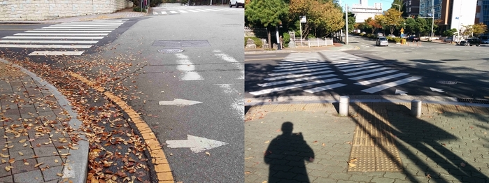 총 2장의 사진 왼쪽 사진 건널목에 점자가 설치되어 있지 않는 사진, 오른쪽 사진 건널목의 선형블록 방향이 도로 중앙으로 되어 있는 사진