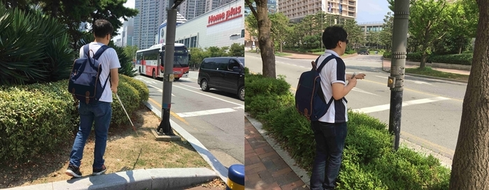총 2장의 사진 화단에 설치되어 있는 음향신호기
