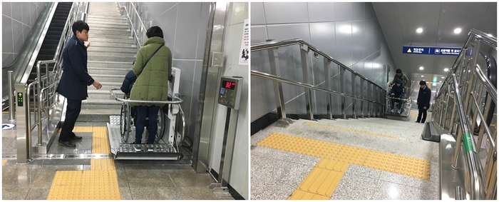 총 2장의 사진 왼쪽 사진 리프트를 타고 있는 사진. 오른쪽 사진 리프트를 타고 올라가는 사진 총 2장의 사진 왼쪽 사진 리프트를 타고 있는 사진. 오른쪽 사진 리프트를 타고 올라가는 사진
