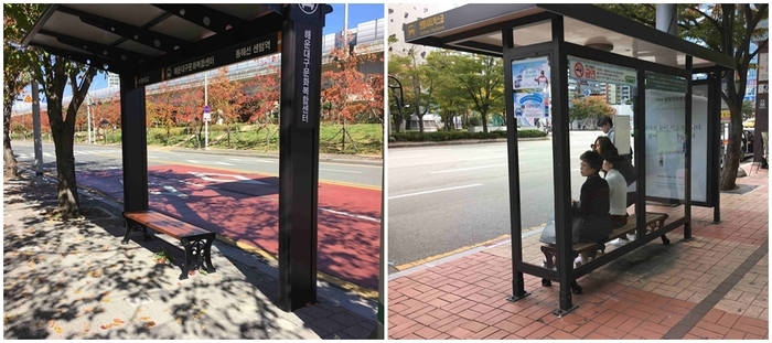 총 2장의 사진 왼쪽 사진 대기서설 행선지판이 설치되어 있는 대기시설, 오른쪽 사진 광고판이 있는 대기시설 총 2장의 사진 왼쪽 사진 대기서설 행선지판이 설치되어 있는 대기시설, 오른쪽 사진 광고판이 있는 대기시설