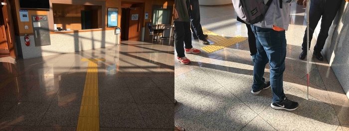 총 2장의 사진 왼쪽 사진 안내데스크를 멀리에서 찍은 사진, 오른쪽 사진 안내데스크 전면 사진 총 2장의 사진 왼쪽 사진 안내데스크를 멀리에서 찍은 사진, 오른쪽 사진 안내데스크 전면 사진