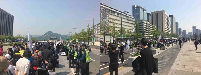 총 2장의 사진, 왼쪽 사진 멀리 광화문이 보이고 사람들이 걸어 가고 있는 모습, 오른쪽 사진 도로에 사람들이 걸어 가고 있는 모습
