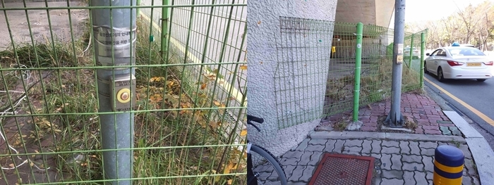 총2장의 사진, 왼쪽 사진 철조망안에 있는 음향신호기, 오른쪽 사진 철조망 밖에 설치되어 있는 사진 총2장의 사진, 왼쪽 사진 철조망안에 있는 음향신호기, 오른쪽 사진 철조망 밖에 설치되어 있는 사진