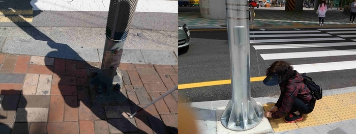 총2장의 사진 왼쪽 사진 음향신호기 전면에 점자블록이 없는 사진, 오른쪽 사진 윤정희 활동가가 음향신호기 모니터링하는 모습