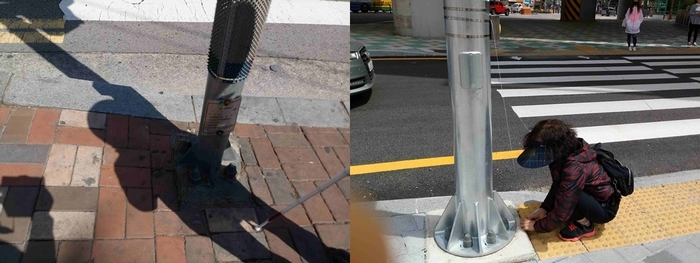 총2장의 사진 왼쪽 사진 음향신호기 전면에 사진, 오른쪽 사진 윤정희 활동가가 음향신호기 모니터링하는 모습 총2장의 사진 왼쪽 사진 음향신호기 전면에 점자블록이 없는 사진, 오른쪽 사진 윤정희 활동가가 음향신호기 모니터링하는 모습
