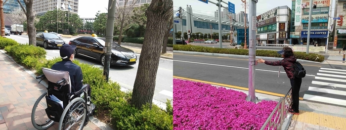 총2장의 사진 왼쪽 사진 박성민 활동가가 음향신호기 앞에 있는 모습, 오른쪽 사진 윤정희 활동가가 팔을 뻗어 음향신호기를 찾는 모습 총2장의 사진 왼쪽 사진 박성민 활동가가 음향신호기 앞에 있는 모습, 오른쪽 사진 윤정희 활동가가 팔을 뻗어 음향신호기를 찾는 모습