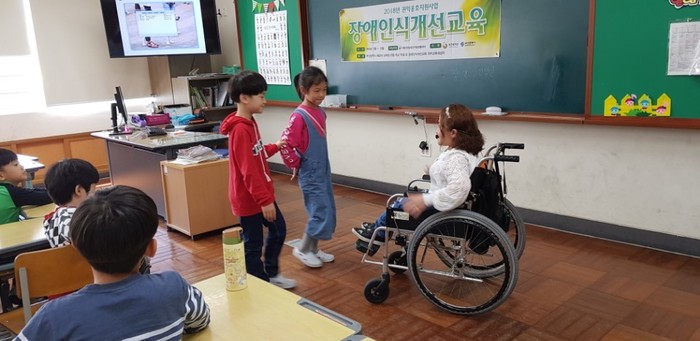 안내보행시범을 보이는 학생들과 김윤정 강사모습 안내보행시범을 보이는 학생들과 김윤정 강사모습