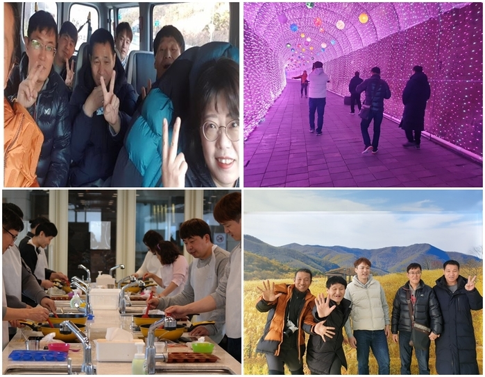 첫번째 솔라티 사진, 두번째 빛터널, 세번째 요리하는 모습, 갈대사진 앞 단체사진 첫번째 솔라티 사진, 두번째 빛터널, 세번째 요리하는 모습, 갈대사진 앞 단체사진