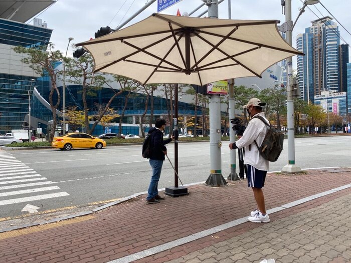 음향신호기 앞을 가로막고 있는 그늘막기둥모습 음향신호기 앞을 가로막고 있는 그늘막기둥모습
