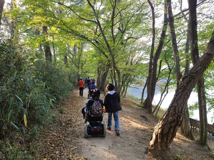 위양지 휴양지를 산책하고 있는 카오스 회원들 뒷모습 위양지 휴양지를 산책하고 있는 카오스 회원들 뒷모습